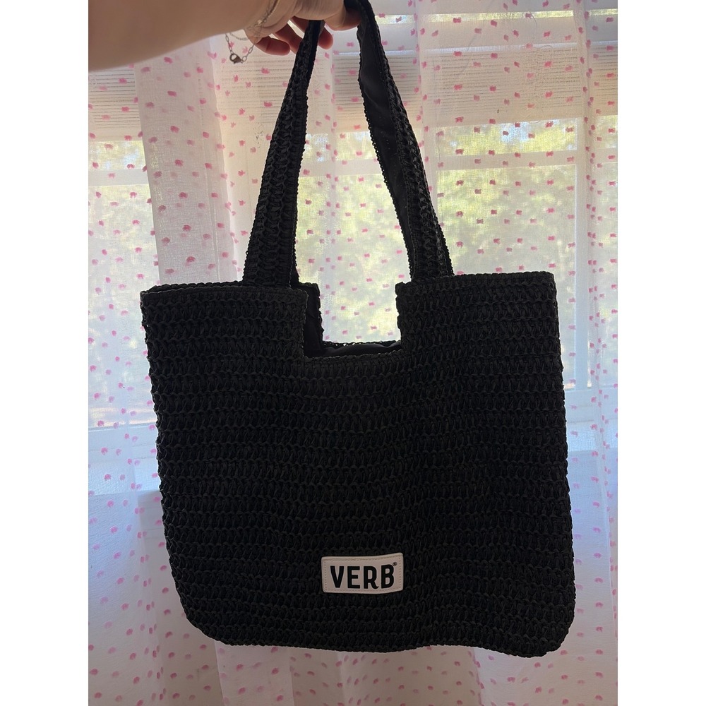 Verb Hair Care Black Woven Straw Tote Bag Shoulder Beach Bag Crochet Style